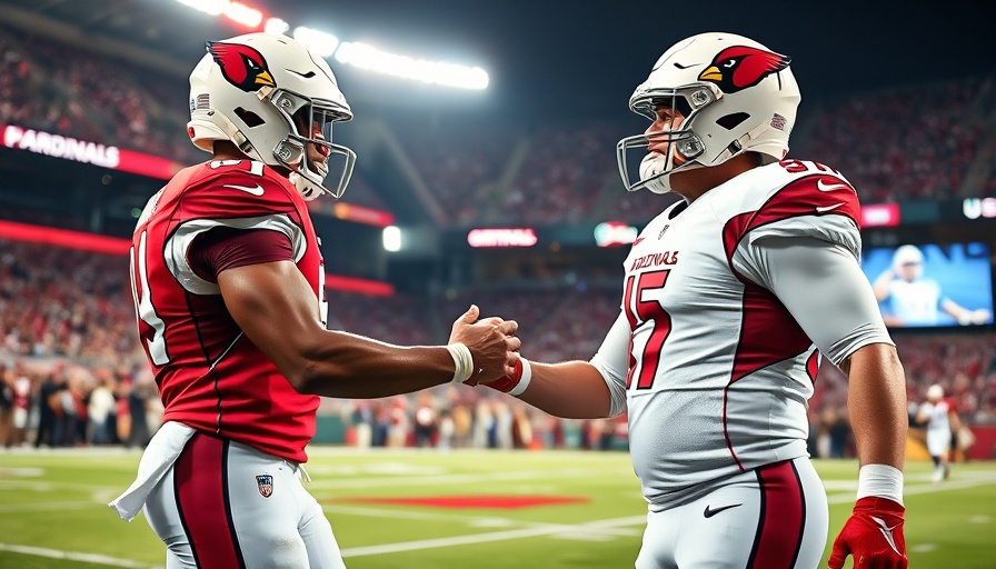 Arizona Cardinals players shaking hands on field, stadium lights.
