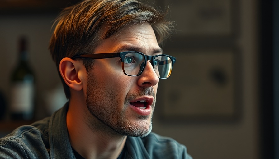 Casual man wearing glasses speaking seriously in an indoor setting