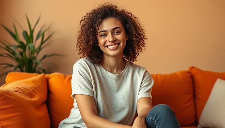 Smiling woman seated on an orange couch with plant background.