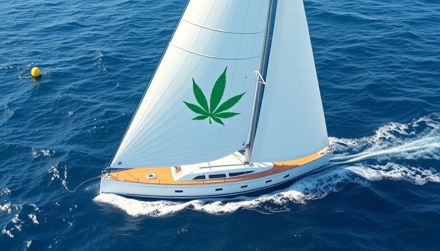 Sailboat with cannabis logo on ocean near buoy symbolizing Fully Managed Cannabis Banking Program.