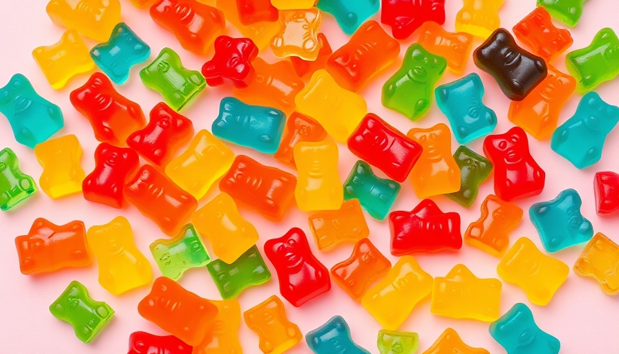 Variety of colorful kratom gummies scattered on pink surface.