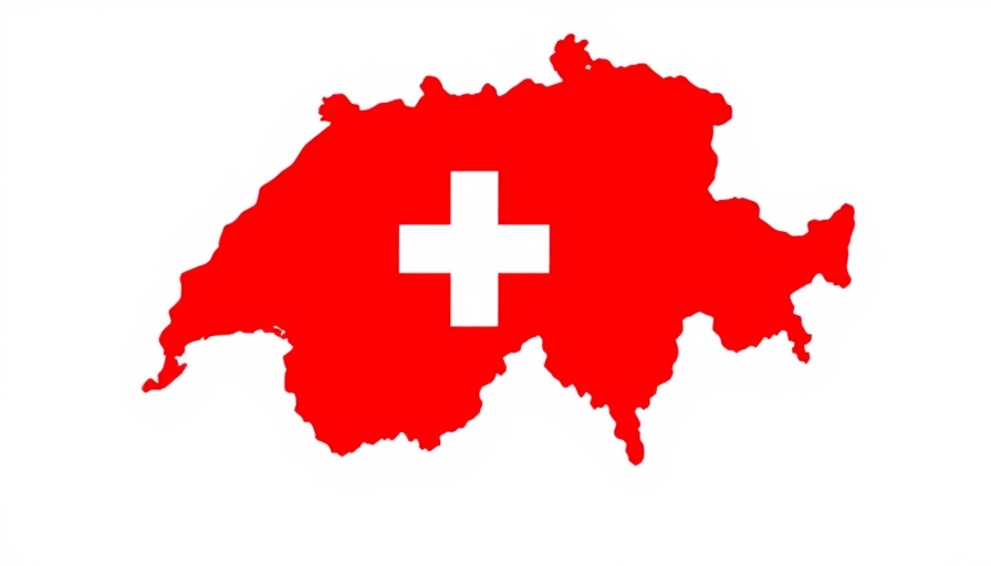 Map of Switzerland with red color and white cross representing Swiss flag.