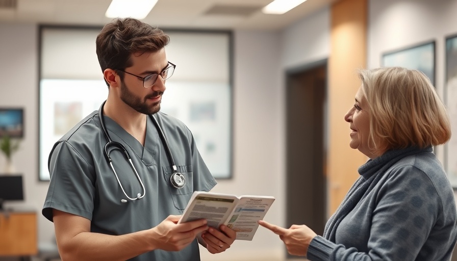 Medical professional in scrubs discussing ketamine treatment for depression with a patient using a brochure.