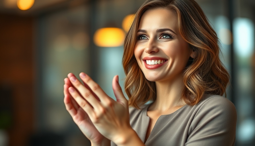 Elegant woman clapping with medium brown hair and vibrant blue outfit.