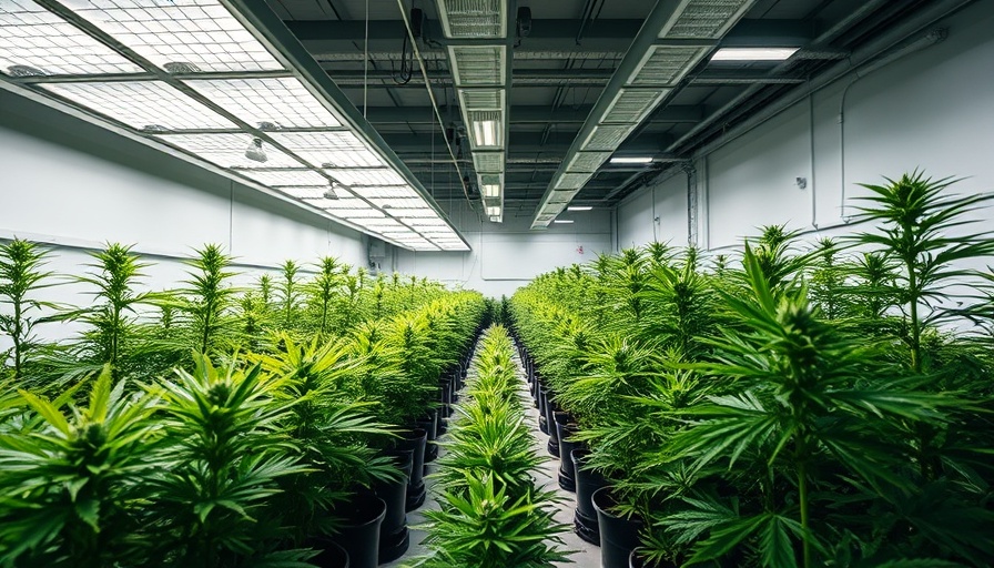 Modern cannabis cultivation room with industrial lighting.