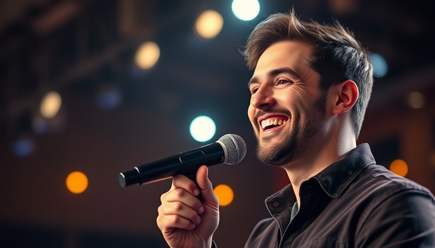 Charismatic man speaking on stage with microphone, cinematic photo.