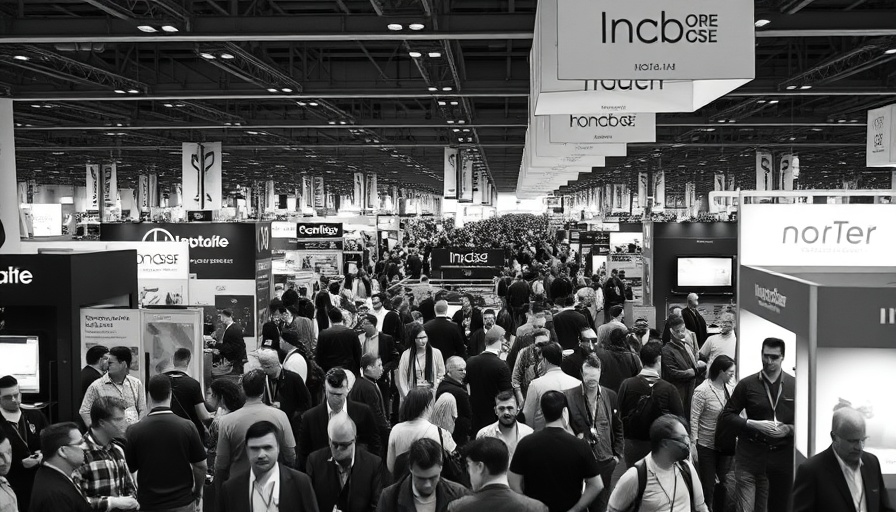MJ Biz Con 2025: crowded convention hall with logos.