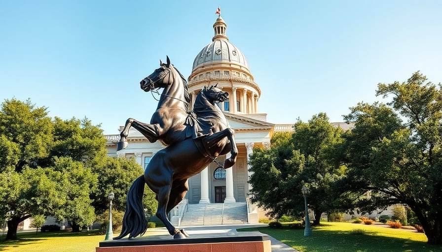 Texas State Capitol's majestic equestrian statue in focus.