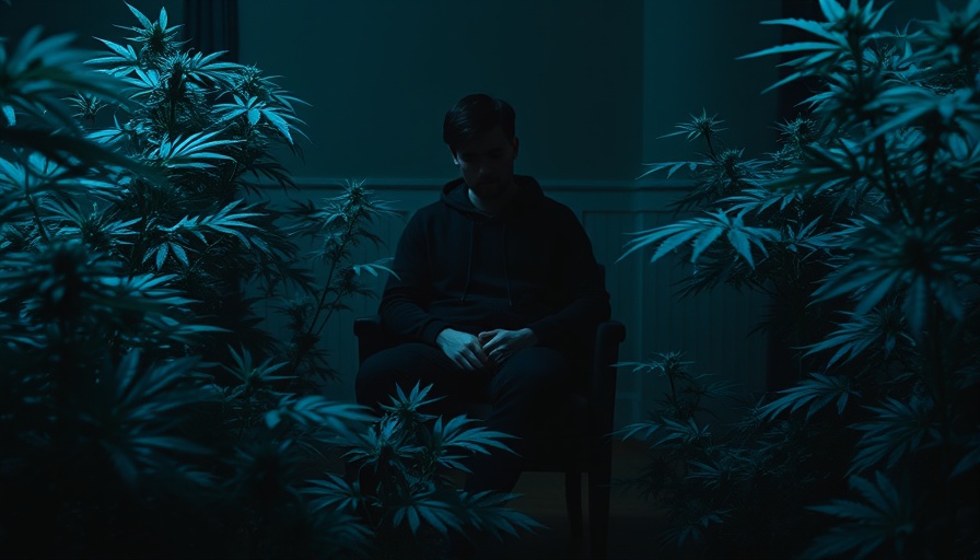 Cannabis culture: Person silhouetted amid blue cannabis leaves.