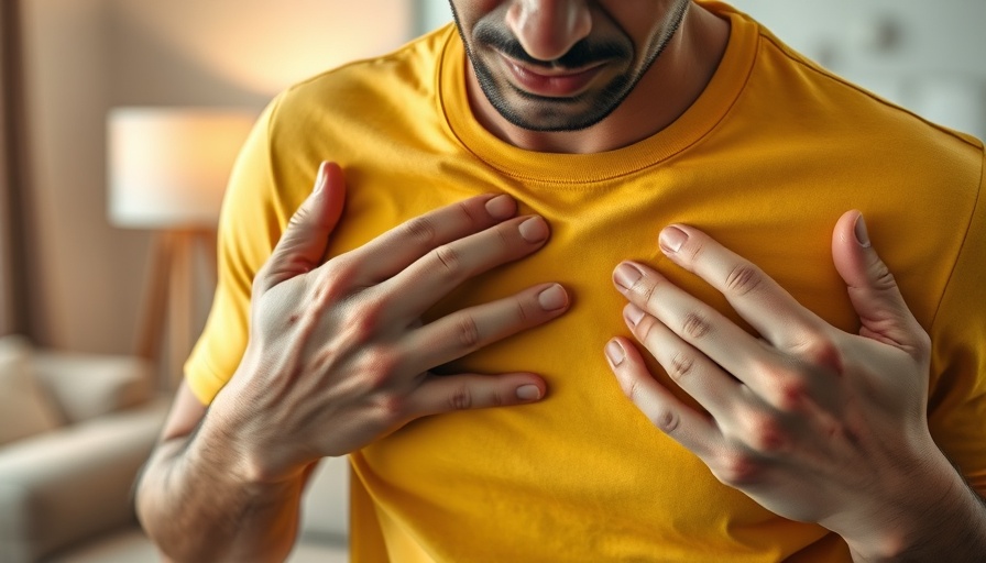 Person holding chest in discomfort, highlighting heart disease risk.
