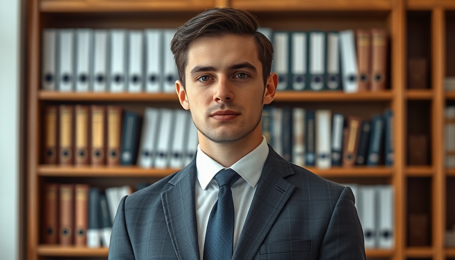 Young man standing indoors with bookshelves.