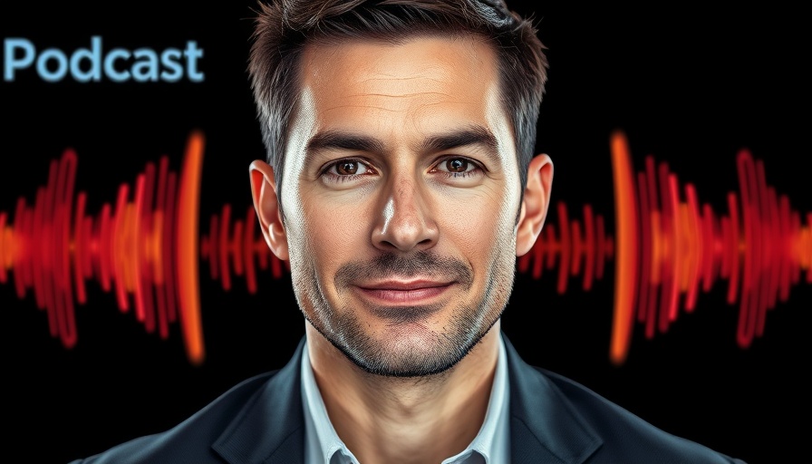 Professional podcast host in blue suit with soundwave graphics