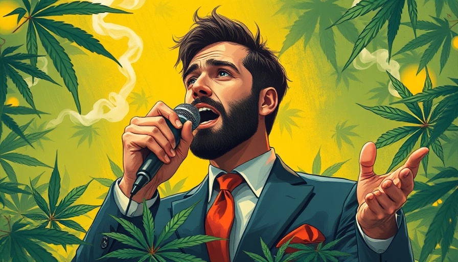 Illustration of a man in a suit with cannabis leaves, symbolizing cannabis culture.