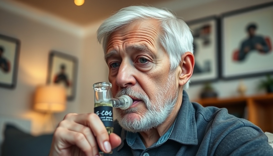 Older man using a bong indoors reflecting cognitive performance.