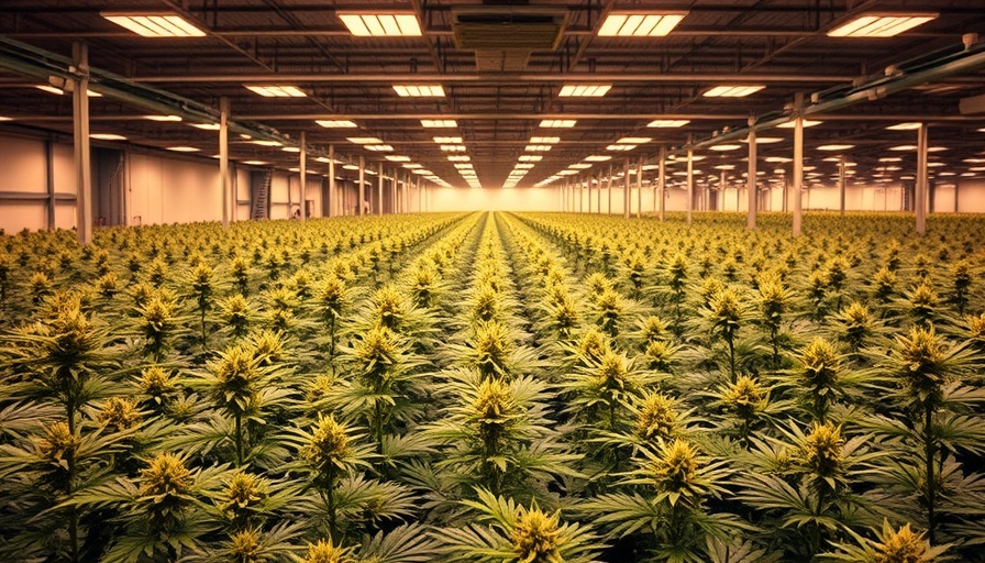 Indoor cannabis cultivation facility with rows of young plants under lights, illustrating current trends in agriculture.