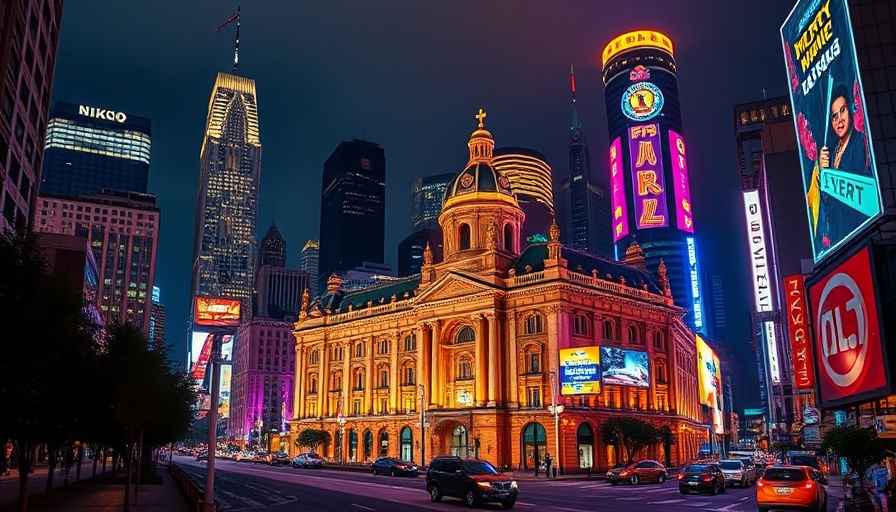 Vibrant night cityscape with illuminated historic building and skyscrapers.