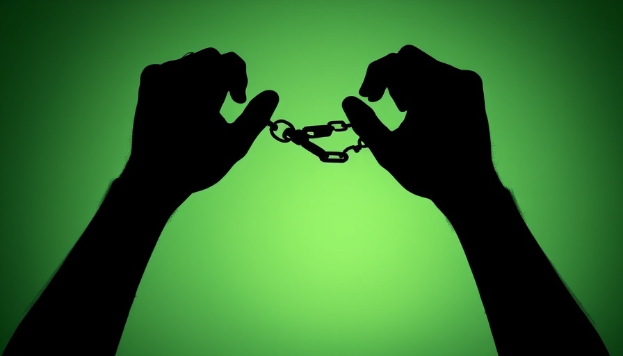 Silhouette breaking free from handcuffs symbolizing marijuana decriminalization.