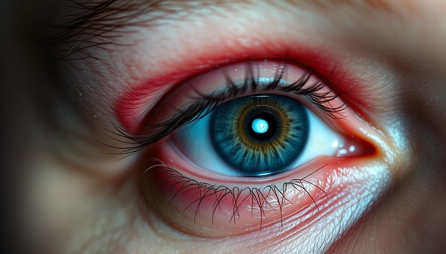 Close-up of inflamed eye with swollen eyelids, showcasing detailed skin texture.