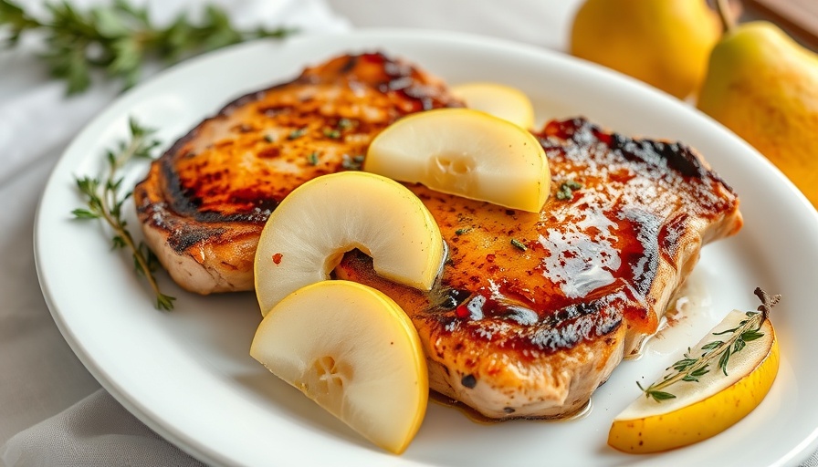 Pan fried boneless pork chops with pears, glazed and garnished.