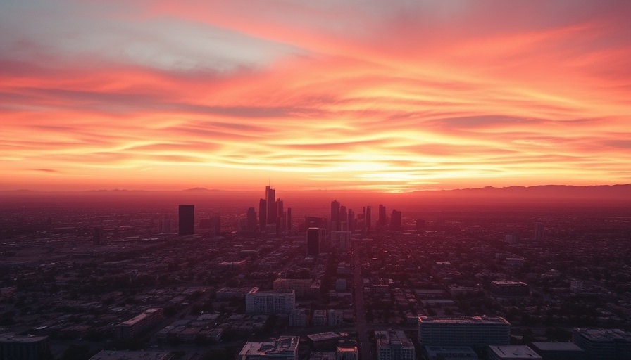 Phoenix skyline with double digit weekend temperatures under a pink sunset.