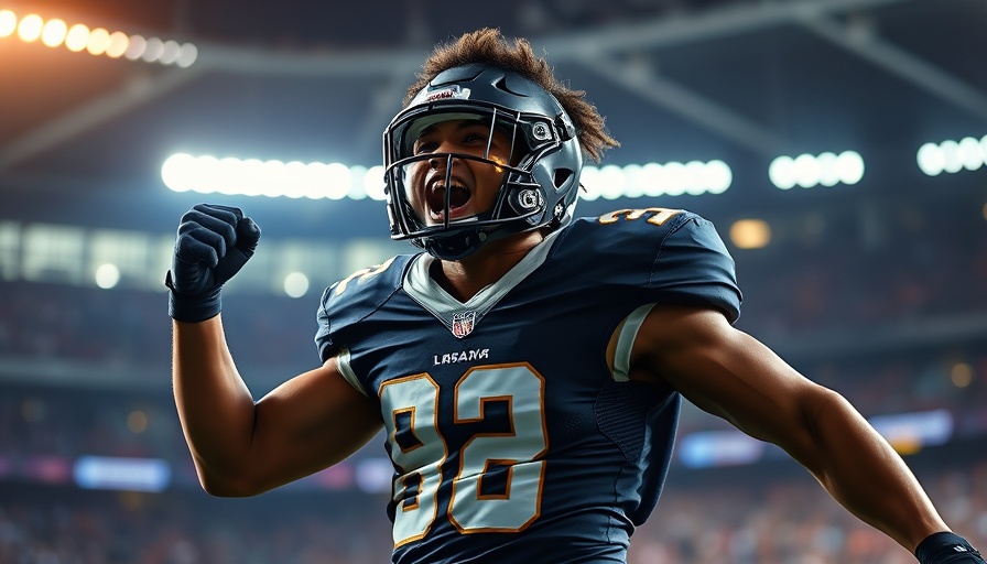 Dynamic football player celebrating in a stadium, Jordan Crook Big 12 honors.