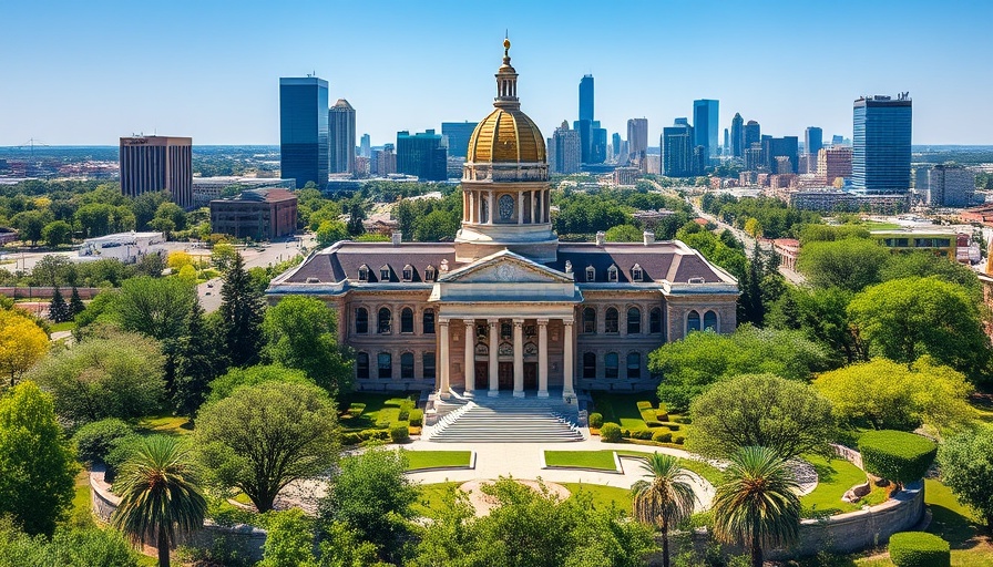 Aerial view of historic building in Oklahoma City, green surroundings, blue sky.
