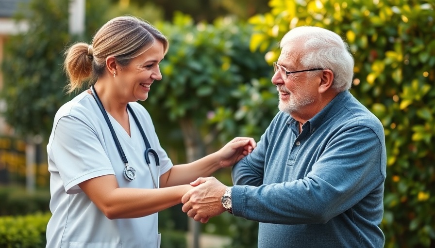 Warm-hearted caregiver assisting elderly man outdoors, low-cost respite service.