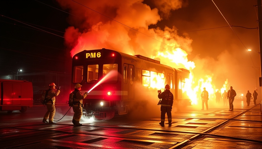 Firefighters extinguishing a burning light rail train in Phoenix at night.