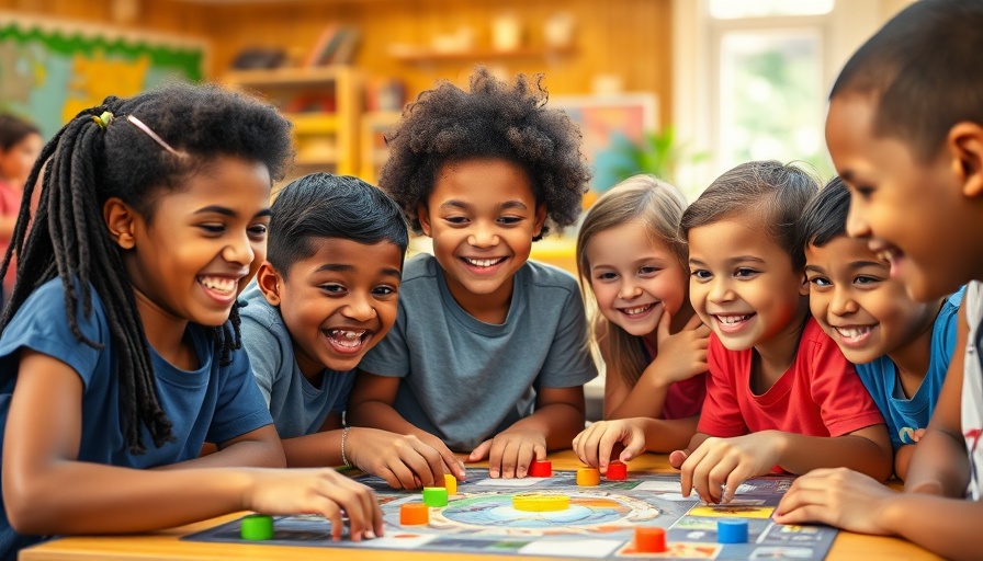 Children playing a board game at Camp Innovation, smiling and engaged.