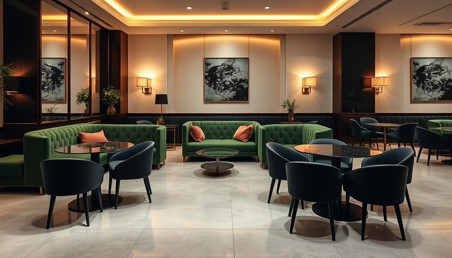 Chic modern lounge with green velvet sofas and stylish chairs in cannabis industry news.