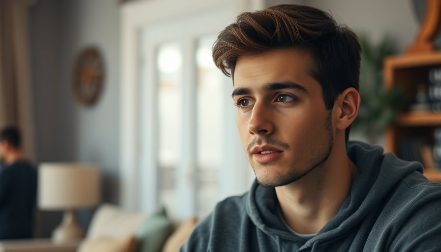 Casual young man speaking at home, natural lighting.