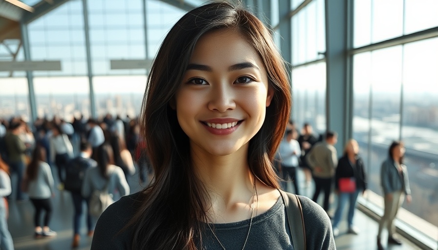 Portrait of a young woman in a reflective glass structure.
