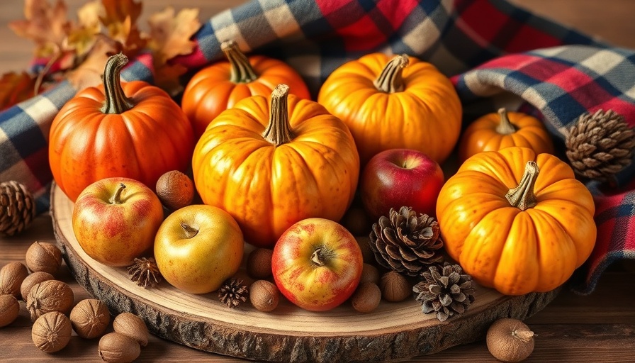 Rustic autumn arrangement with pumpkins and apples for fall recipes.