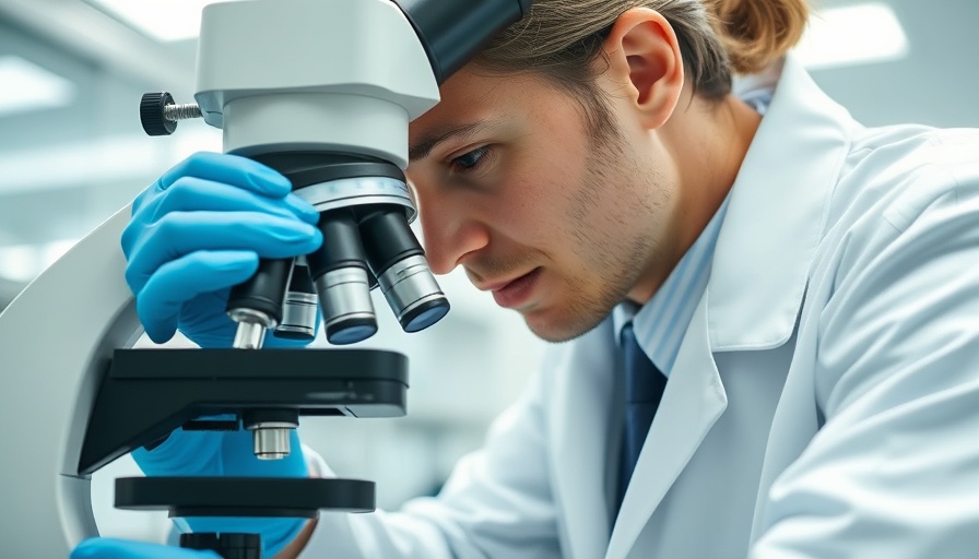 Scientist using microscope for Huntington's disease treatment research.