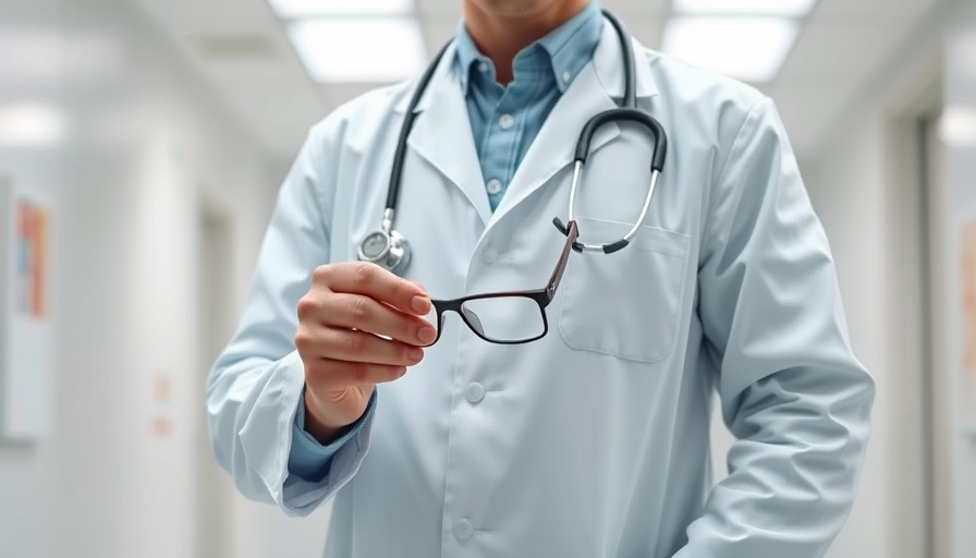 Doctor in lab coat holding glasses, symbolizing telemedicine.