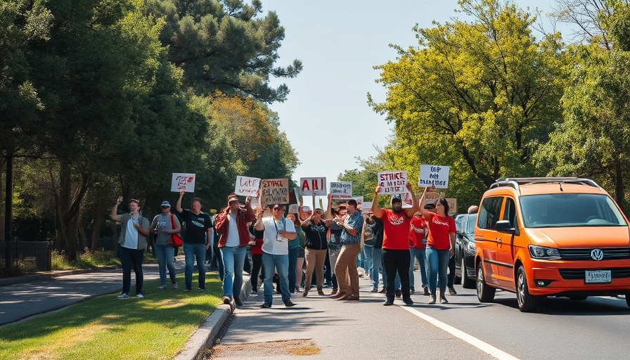 Protesters holding strike signs on a sunny day near a road.