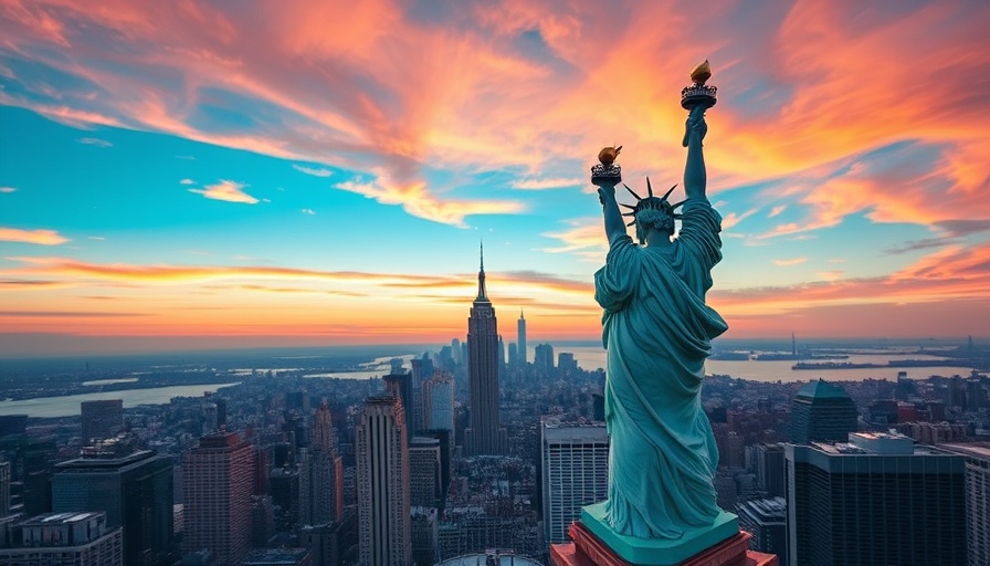 New York skyline and Statue of Liberty at sunset; cannabis market trace.