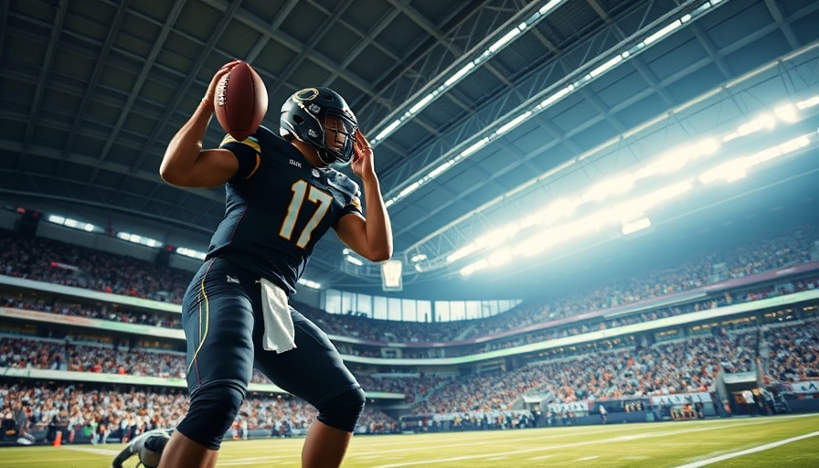 Football player in black uniform throwing ball in stadium.