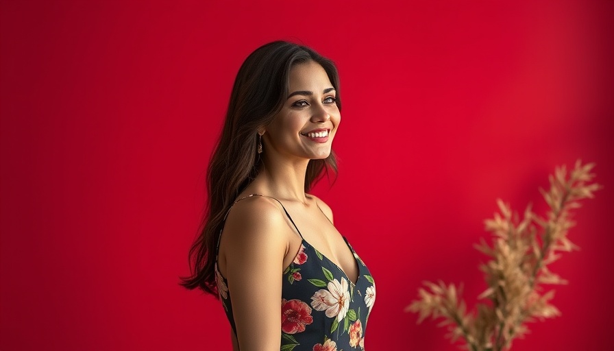 Elegant woman smiling in floral dress against red backdrop.