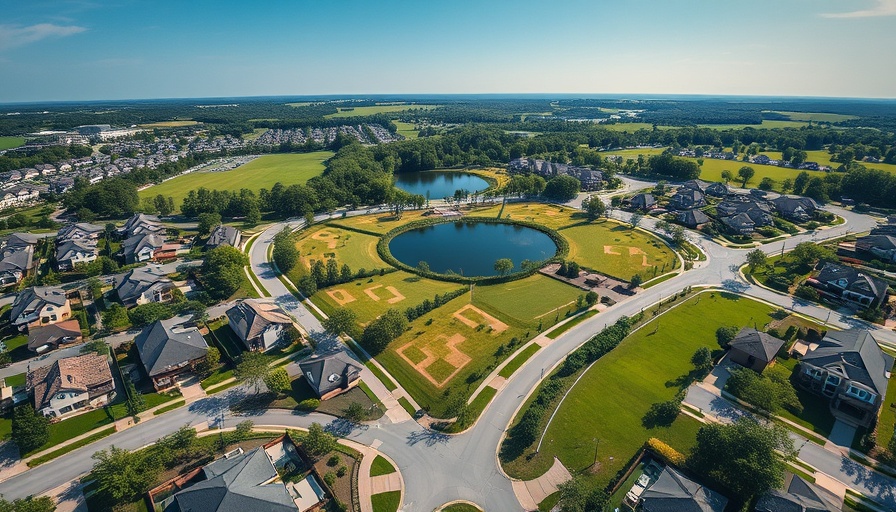 Aerial view of San Tan Valley homes with pond and park.