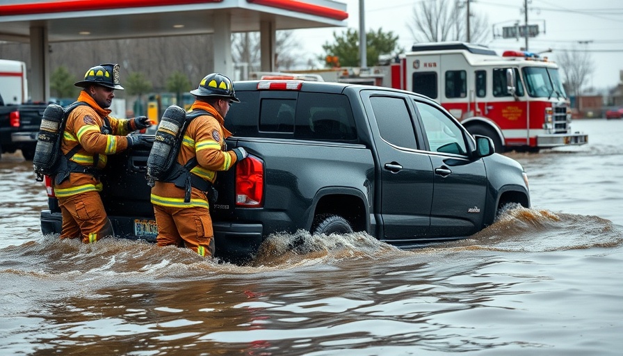 Firefighters conduct valley storm water rescue near pickup truck.