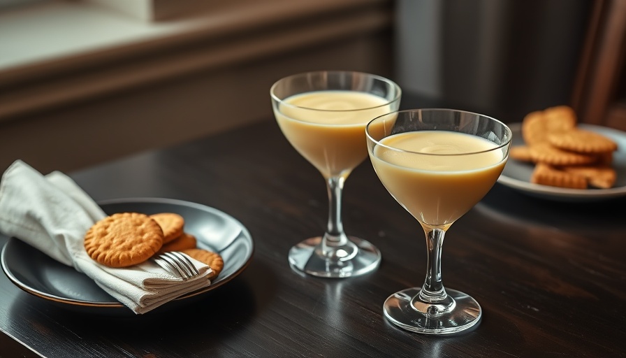 Elegant glass cups with zabaglione dessert and biscuits on a wooden table.