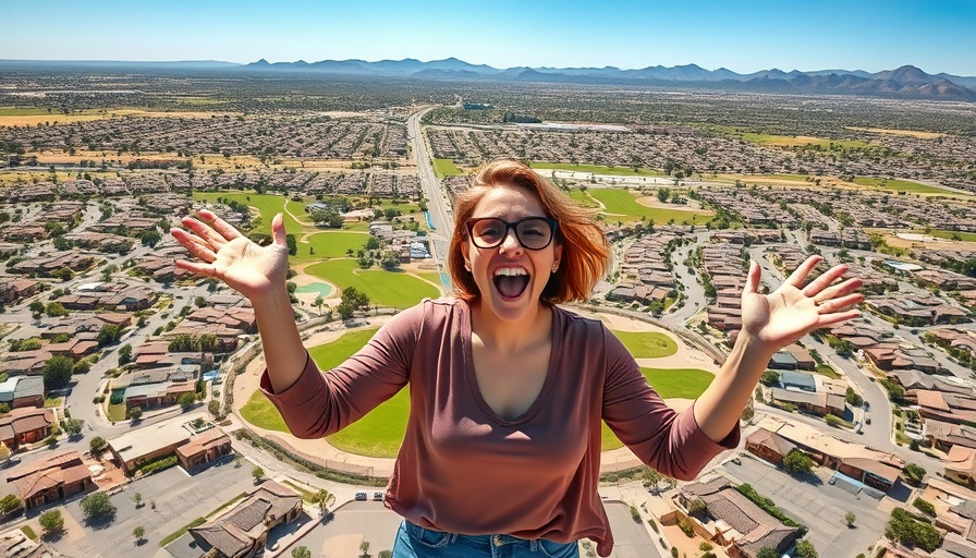 Surprised woman with Phoenix aerial view and golf course; best places to live in the Phoenix area.