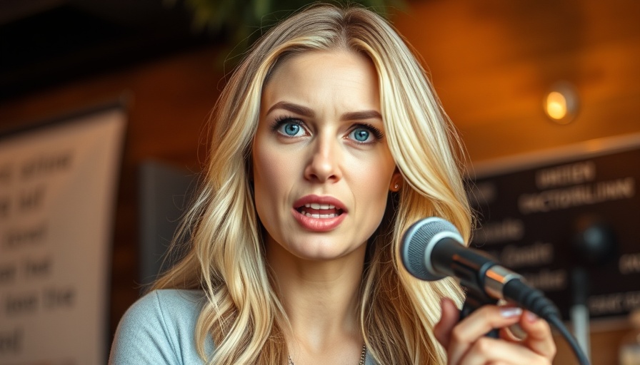 Woman speaking into a microphone in an interview setting.