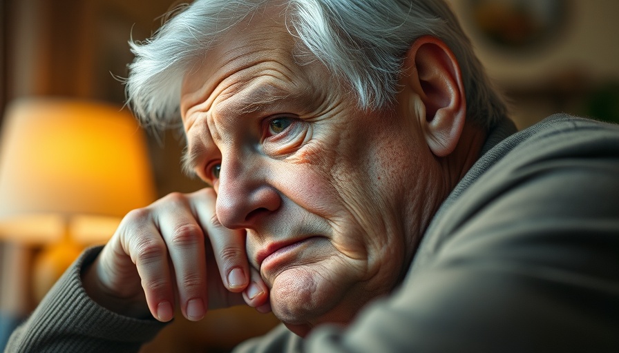Senior man reflecting indoors, warm lighting.