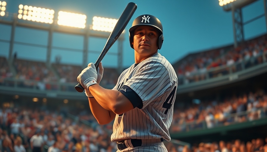 Baseball player in New York uniform at bat during a game.