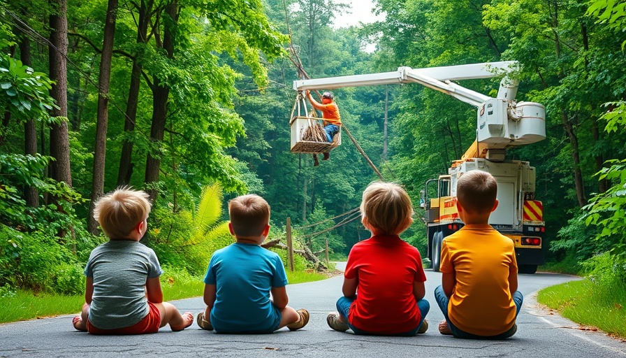 Children watching a worker clear debris post-Hurricane Helene.