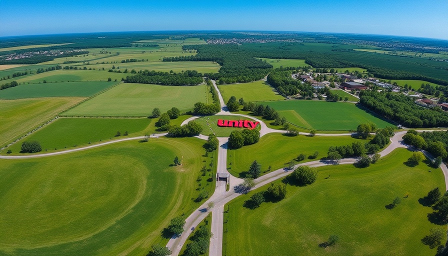 Aerial view of park in Greenville, showing pathways and Unity sign.