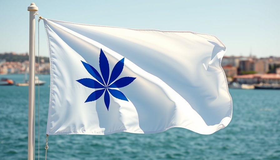 Portugal Medical Cannabis flag by water with Lisbon skyline.