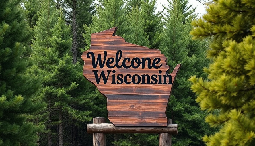 Wisconsin welcome sign amidst lush forest promoting medical marijuana legalization.